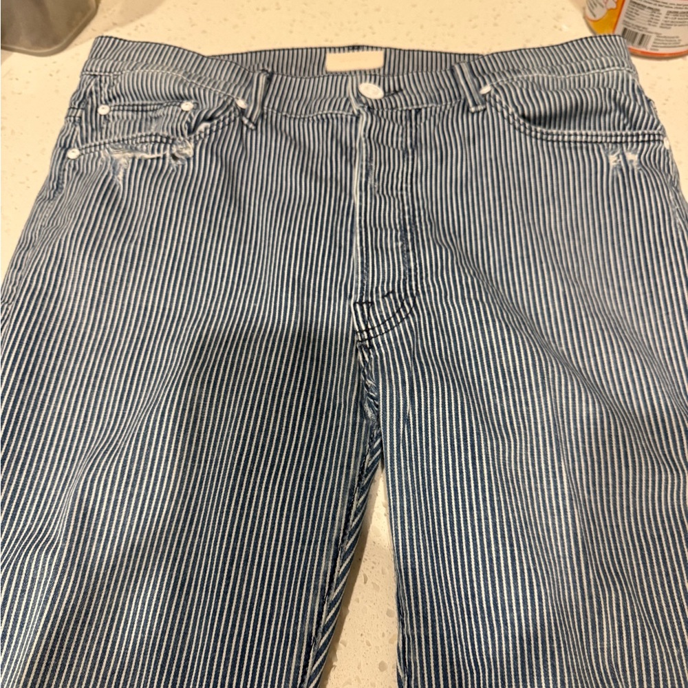 MOTHER Women's Navy Pinstripe Straight Leg Jeans